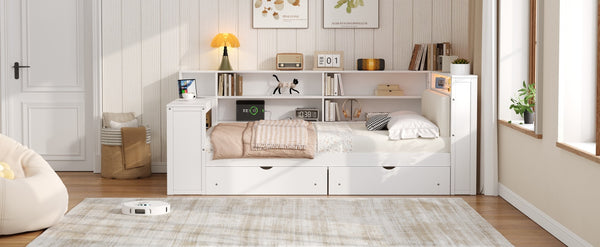 English Elm Wood Full Platform Bed with Led Headboard Built-in Desk Charging Station and Storage Shelves Beige+White N7090001047K-1