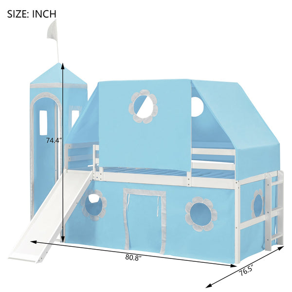 English Elm Twin Castle Loft Bed with Slide Tent Tower and Play Space for Kids Rooms Blue N708P249511C