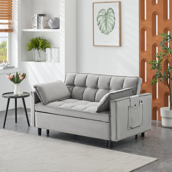 English Elm Modern Velvet Loveseat Futon Sofa Bed 3-in-1 Convertible Small Sleeper Couch with Recline, Pillows, Pockets, Beige Gray W3371P315000