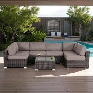 English Elm Outdoor 7-Piece Conversation Set For 4 - Stylish, Weather-Resistant With Plush Cushions & Glass Table B120S00111-GIGA