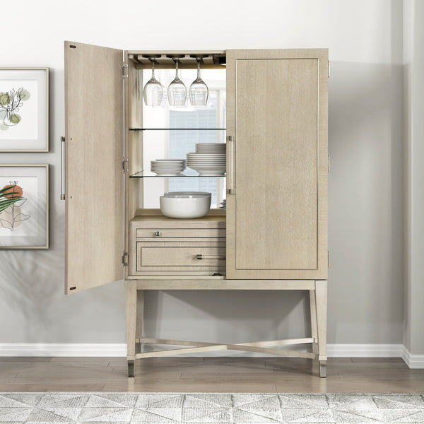 English Elm 1pc Oak Bar Cabinet with Led Mirrored Interior Stemware Rack and Pull Out Tray B011P474393