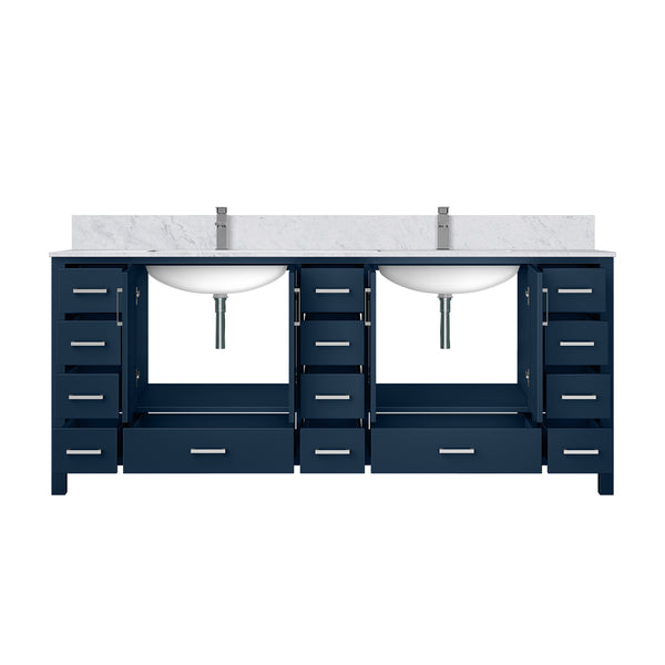 English Elm Navy Double Bath Vanity 84" W x 22" D with Carrara Marble Top, Chrome Faucet, Soft-Close Drawers, Ample Storage B2731P259164