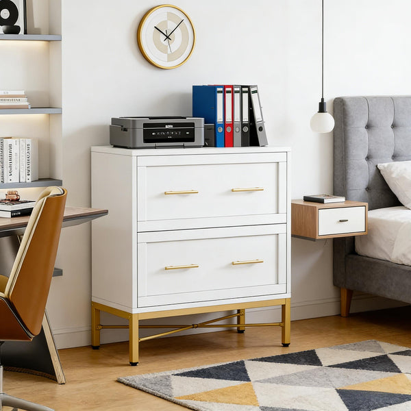 English Elm Multi-functional Nordic Filing Cabinet White Two Drawer Gold Handle Home Office Storage Gold,White T3971P449222
