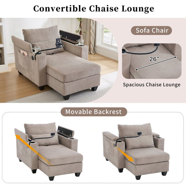 English Elm Convertible Chaise Lounge Sofa Chair & Bed - Corduroy With Usb Ports, Cup Holders & Storage Space N719S002021D