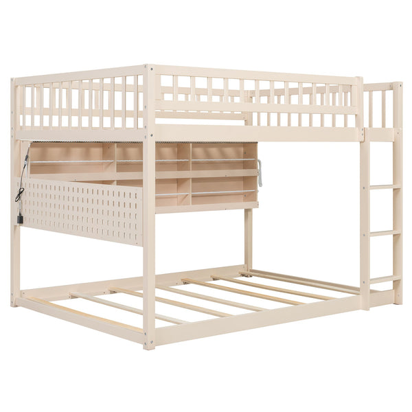 English Elm Full Over Bunk Bed with Led Lighting Pegboard Shelving and Pine Wood Frame Beige LT000278AAA