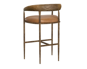 Sunpan Zanatta Stylish Barstool with Antique Brass Frame and Unique Hammered Metal Detailing for Any Space Tan Leather