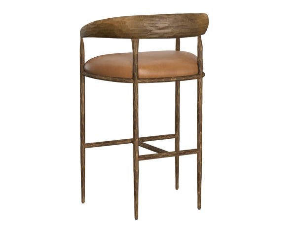 Sunpan Zanatta Stylish Barstool with Antique Brass Frame and Unique Hammered Metal Detailing for Any Space Tan Leather