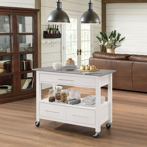 English Elm Stainless Steel Top & White Utility Cart with 3 Drawers, Open Shelf, Locking Casters, Mobile Workspace B062P209304