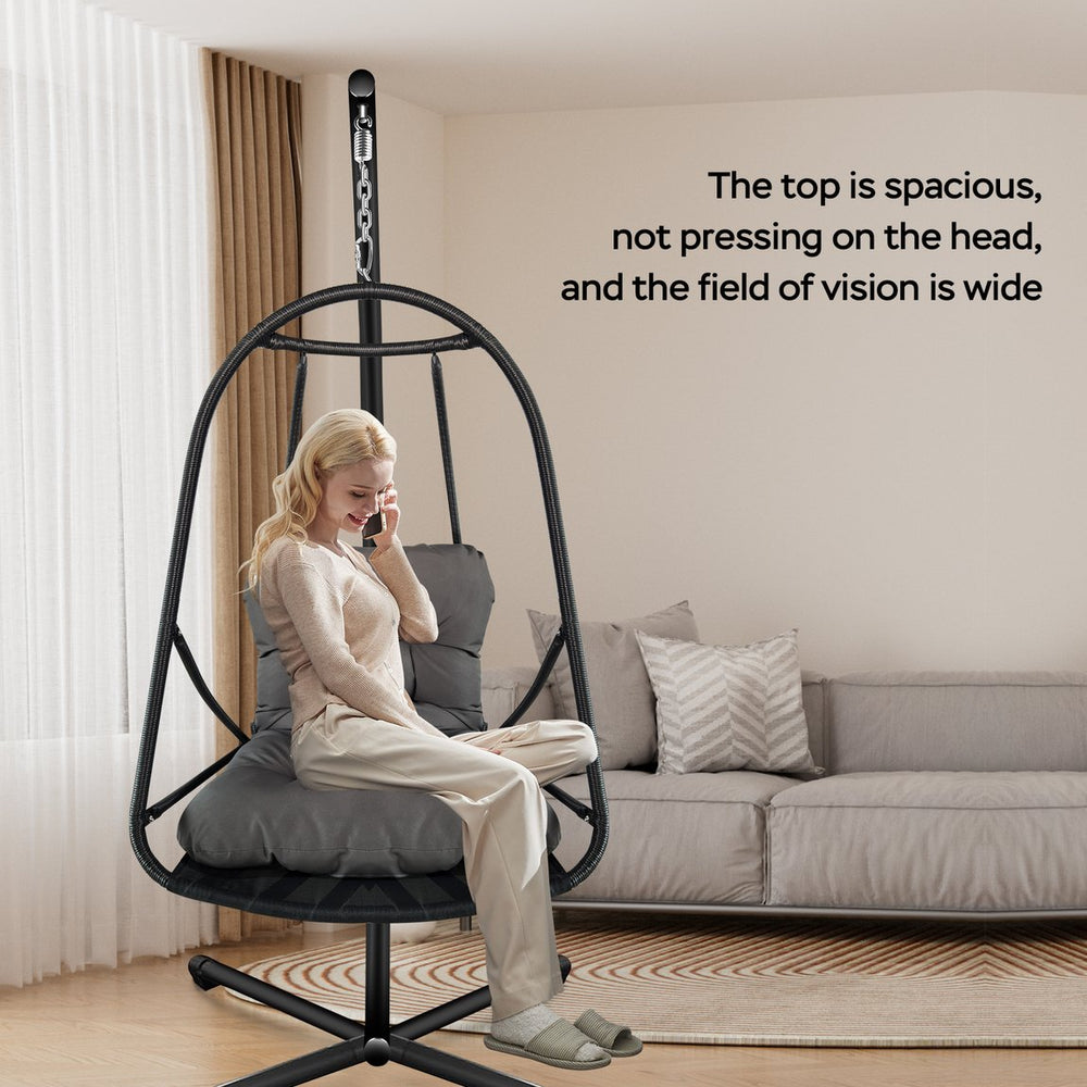 English Elm Swing Egg Chair with Stand - Foldable Rattan Hanging Basket Seat, Cushioned Comfort, Cup Holder Black W2707P388616