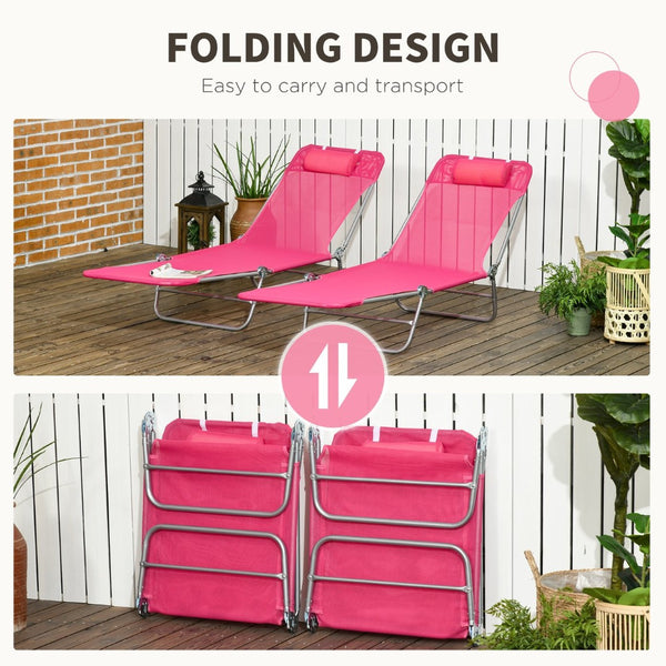 English Elm Outsunny 2 Piece Pink Folding Chaise Lounge Chairs With 6-Position Recline For Poolside Relaxation W2225P174376-GIGA
