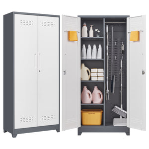 English Elm Gray Steel Locking Tall Storage Cabinet with Adjustable Shelves for Kitchen or Shop Grey+White T3625P372664