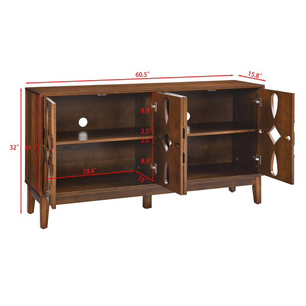 English Elm 60.5" Mid Century Sideboard Buffet with 4 Doors, Adjustable Shelves, Outlet Holes — Walnut TV Console W1801P224330