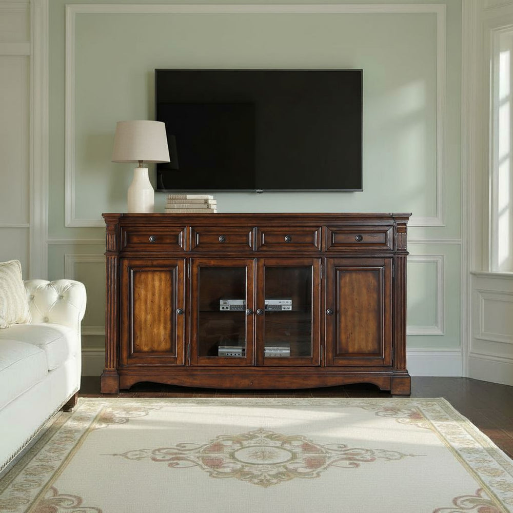 English Elm Parliament Traditional Hardwood Media Console with Bronze Hardware and Glass Doors B108P468547