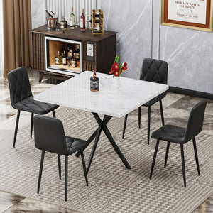 English Elm Square MDF Dining Set for 4 with Faux Marble Top, Mid-Century Modern Iron Legs, Easy-Clean Surface White+Black W578S00024