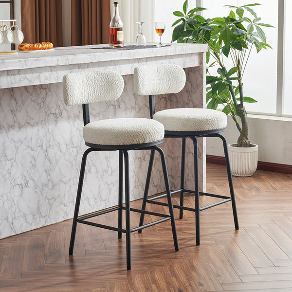 English Elm Modern Bouclé Swivel Bar Stools Set of 2 — Counter Height Fabric Seats with Metal Frame & Footrest, 360° Comfort White W1901P264272