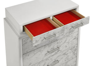 English Elm Soul Modern White Chest of Drawers with Marble Panels, 6 Spacious Drawers & Silver Handles for Bedroom Elegance and Durable Manufactured Wood Storage B009P309604