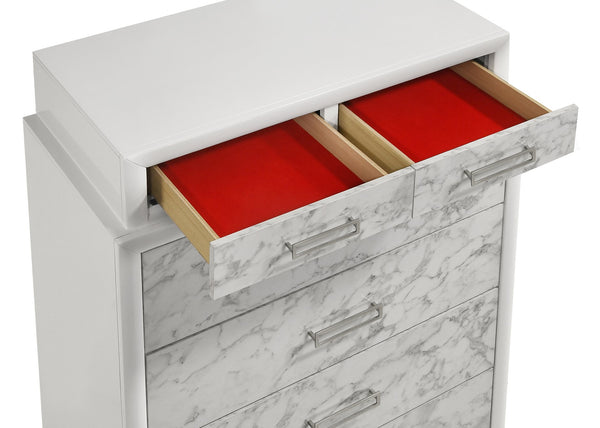 English Elm Soul Modern White Chest of Drawers with Marble Panels, 6 Spacious Drawers & Silver Handles for Bedroom Elegance and Durable Manufactured Wood Storage B009P309604