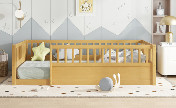 English Elm Twin Montessori Floor Bed Frame for Kids – Pine Playroom Bed with Fence for Reading & Imaginative Play Natural W1580P307880