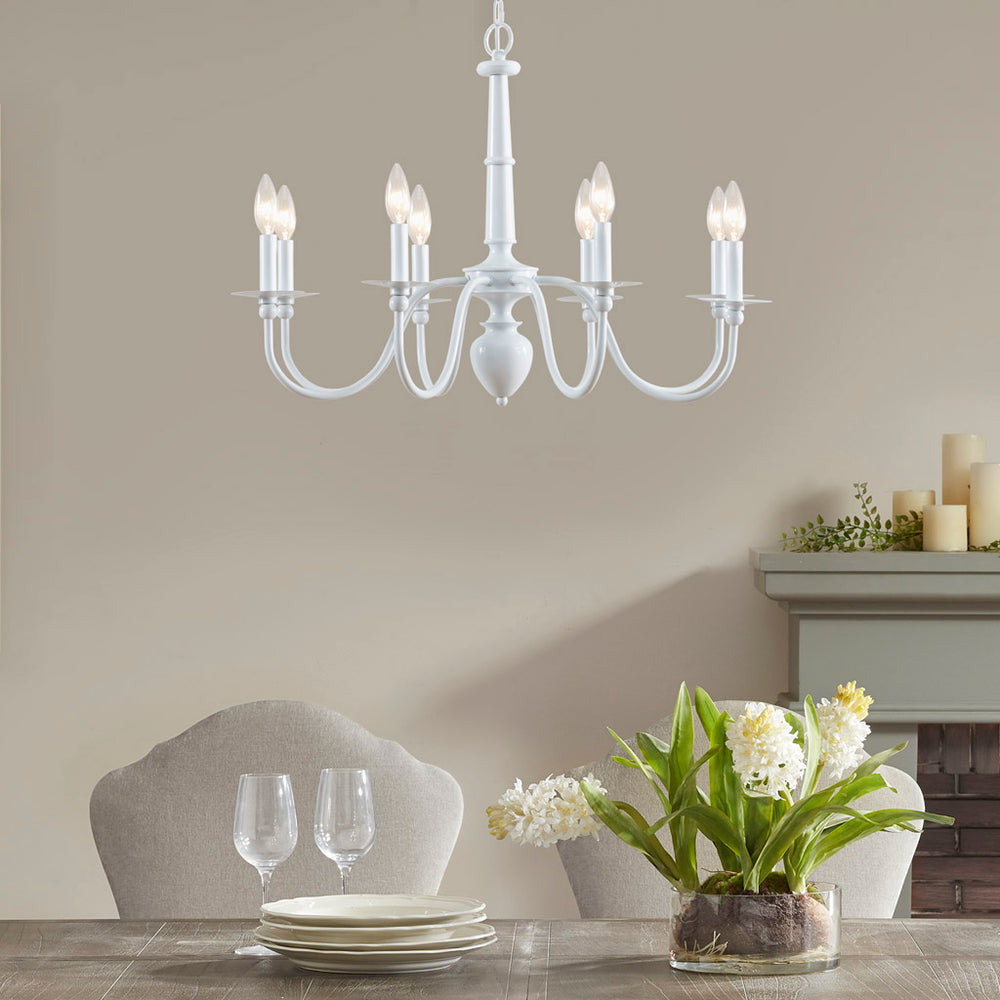 JLA Home Martha Stewart - 8-Light Glossy White Metal Chandelier with Candle Arms, Dimmable, Sloped Ceiling Compatible, Adjustable Chain MT150-0066
