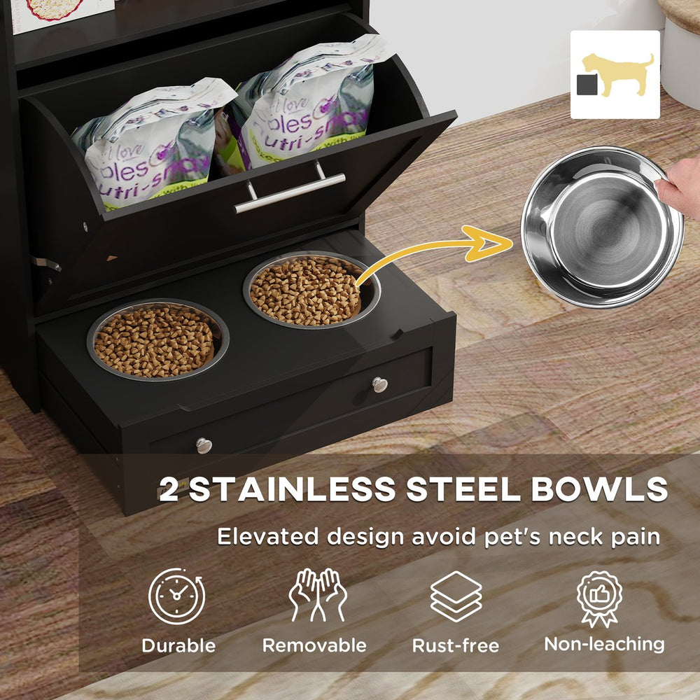English Elm Pet Feeder Cabinet with Pull-out Raised Bowls Hooks and Matte Black Mdf Storage T3971P407183