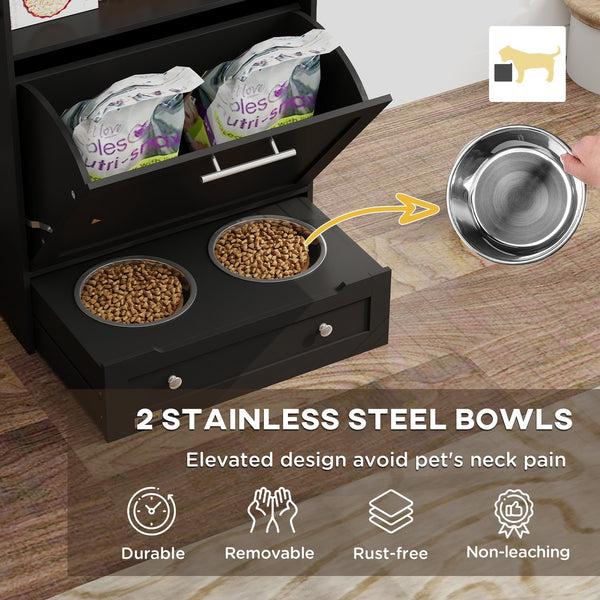 English Elm Pet Feeder Cabinet with Pull-out Raised Bowls Hooks and Matte Black Mdf Storage T3971P407183