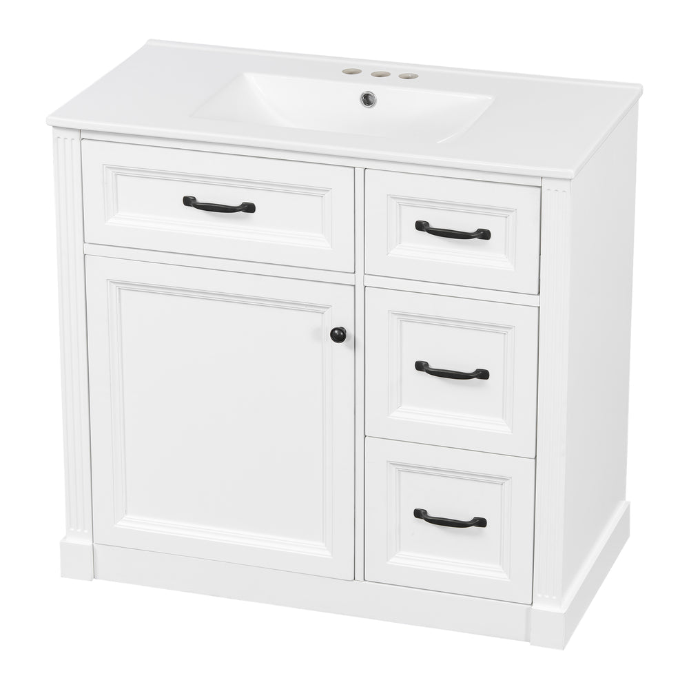 English Elm 36 Inch Bathroom Vanity With Sink – Modern Design, Soft-Close Drawers & Adjustable Storage Shelf, White Finish N725P336549K