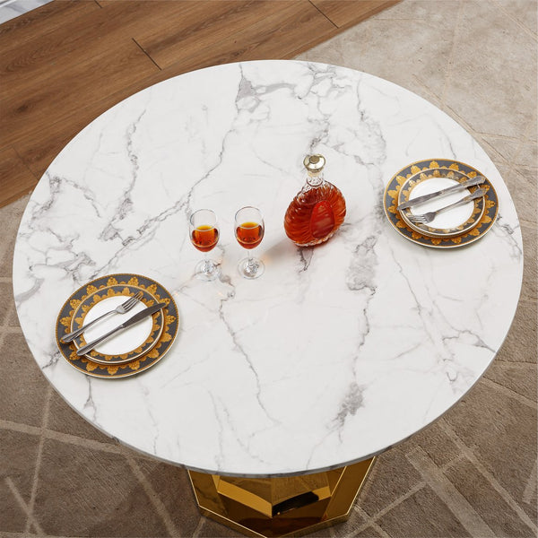 English Elm 47" Round Marble Dining Table – Elegant Faux Marble Top & Stainless Steel Base For Modern Dining Spaces W3456S00032