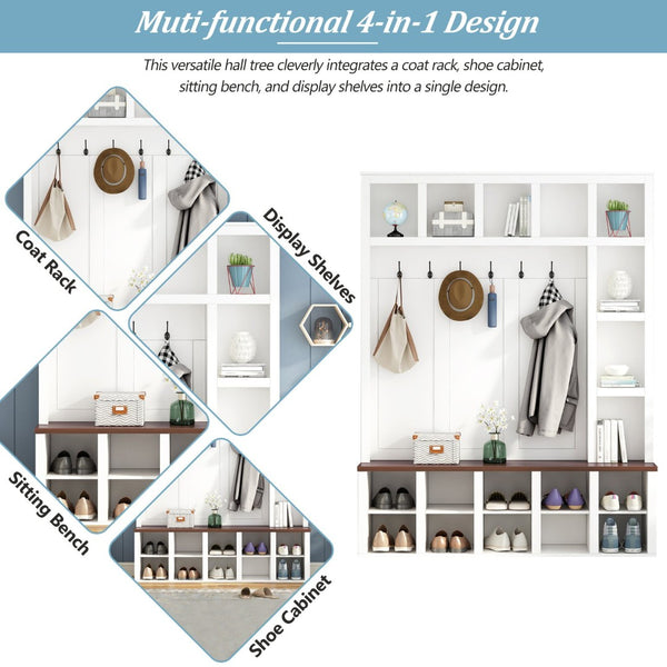 English Elm On-Trend Farmhouse Wooden Hall Tree With 6 Hooks, 4-In-1 Storage Bench & Adjustable Shelves, White N721S000044K-GIGA