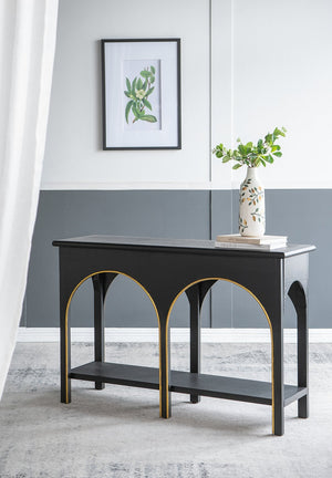 English Elm 47.2x15.7x31.9" Matte Black Wood Console Table with Arched Legs Gold Accents Shelf W2078P476728