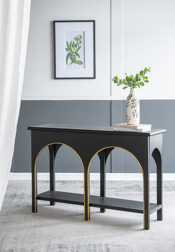 English Elm 47.2x15.7x31.9" Matte Black Wood Console Table with Arched Legs Gold Accents Shelf W2078P476728