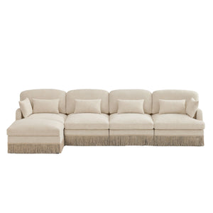 English Elm 131"comfy Chenille Leopard Print Sectional Sofa with Tassel Trim and Movable Ottoman Beige W5656S00008
