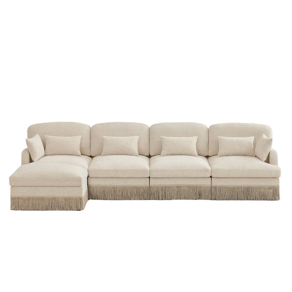 English Elm 131"comfy Chenille Leopard Print Sectional Sofa with Tassel Trim and Movable Ottoman Beige W5656S00008