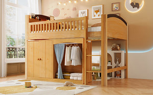 English Elm Twin Loft Bed with Wardrobe Cabinet Led Lighting and Pine Frame for Kids Rooms Wood N7090002236M