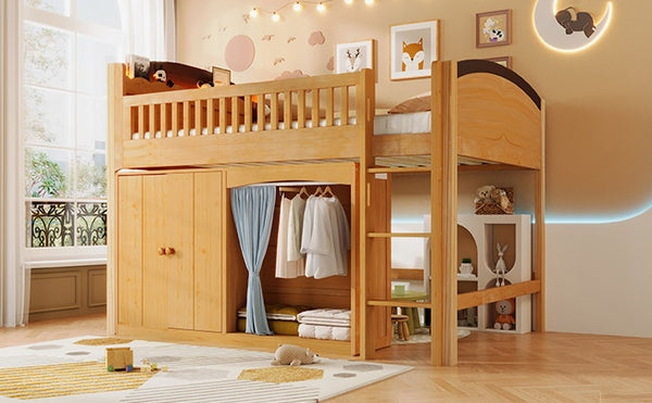 English Elm Twin Loft Bed with Wardrobe Cabinet Led Lighting and Pine Frame for Kids Rooms Wood N7090002236M
