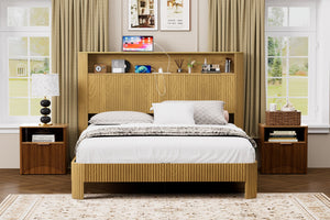 English Elm Queen Modern queen storage bed with wavy headboard, built-in USB charging, silent metal support system Natural W1162P357260