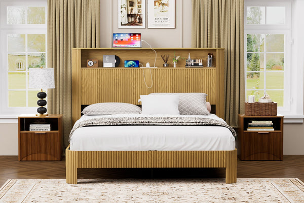 English Elm Queen Modern queen storage bed with wavy headboard, built-in USB charging, silent metal support system Natural W1162P357260