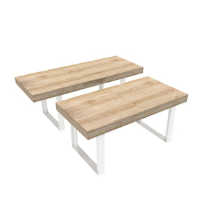 English Elm Extendable Faux Marble Dining Table with V-Legs — Sleek Expandable Conference & Kitchen Centerpiece for 6–10 White+Oak W1347S00005