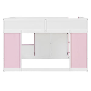 English Elm Twin House Loft Bed with Pull Out Rolling Desk Stair Drawers and Cabinet Storage N820S00074H