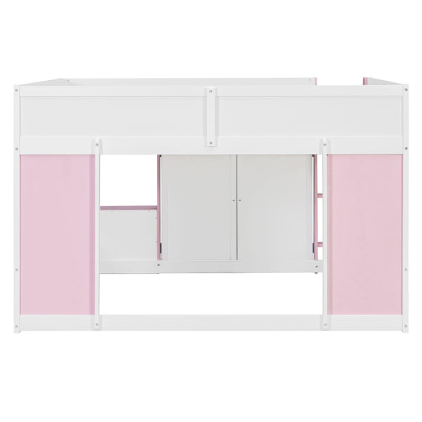 English Elm Twin House Loft Bed with Pull Out Rolling Desk Stair Drawers and Cabinet Storage N820S00074H