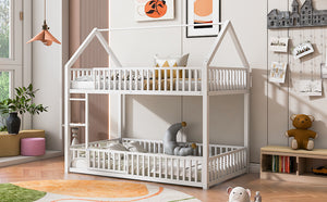 English Elm Metal Twin over Twin House Bunk Bed with Playful Roof, Sturdy Metal Frame, Quiet Support for Kids White N709P214091K