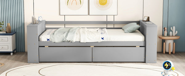 English Elm Twin Pine Wood Daybed with Shelves & Drawers, Gray — Space-Saving Twin Sofa Bed with Storage, Sturdy WF324220AAE