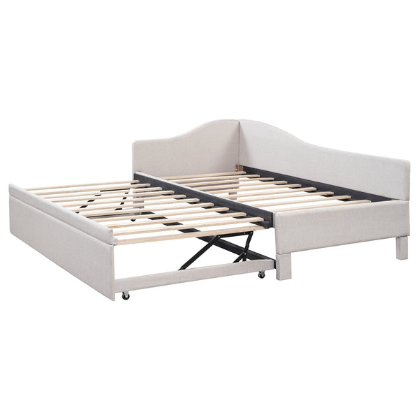 English Elm Twin Upholstered L-Shaped Daybed with Pop-Up Trundle, Space-Saving Guest Bed with Slats Kit and 400lb Capacity Beige SF000193AAA