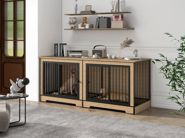 English Elm Dog Crate Furniture Xl Double Compartment Mdf Wood Console for Two Large Breeds W420P207590