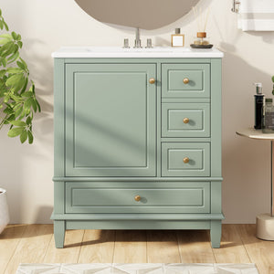 English Elm Christopher Knight Home® - 30" Freestanding Bathroom Vanity with Ceramic Sink, Soft-Close Door, Gold Knobs & 3 Drawers, Durable Painted Finish Light Green N759P225994G