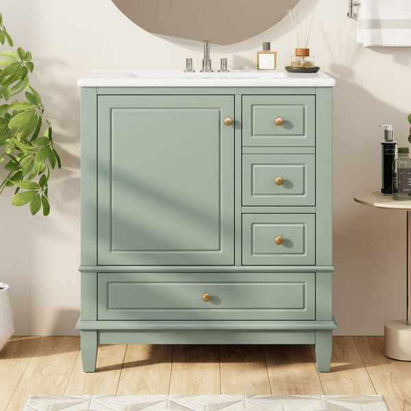 English Elm Christopher Knight Home® - 30" Freestanding Bathroom Vanity with Ceramic Sink, Soft-Close Door, Gold Knobs & 3 Drawers, Durable Painted Finish Light Green N759P225994G