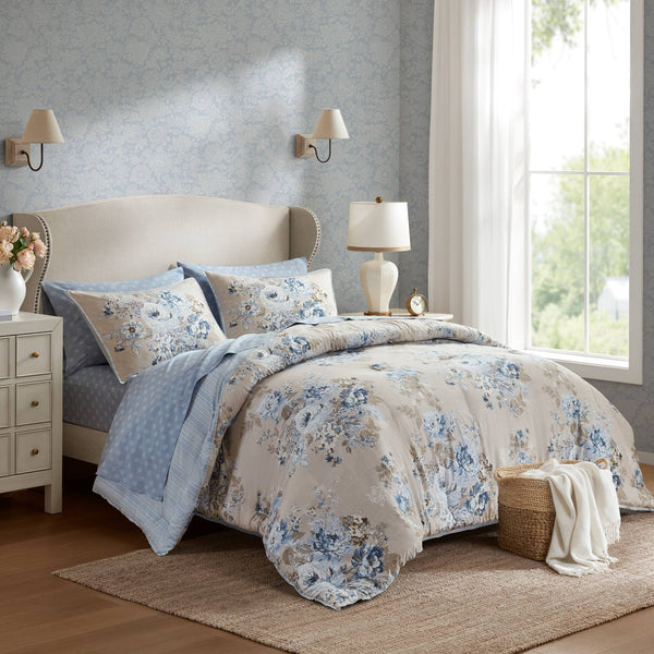 English Elm 7-piece King Floral Comforter Set Reversible Botanical Bedding with Sheets and Shams B035P408242