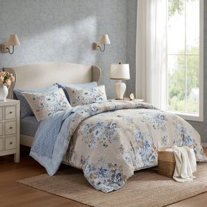 English Elm 7-piece Full Vintage Botanical Floral Reversible Comforter Set Beige Blue Microfiber B035P408240