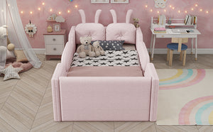English Elm Twin Kids Platform Bed Teddy Fabric Upholstered with Bunny Cushions and Safety Rails Pink W2593P395807