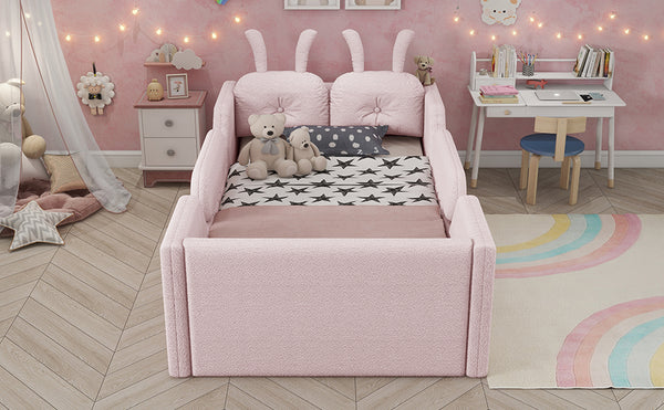 English Elm Twin Kids Platform Bed Teddy Fabric Upholstered with Bunny Cushions and Safety Rails Pink W2593P395807