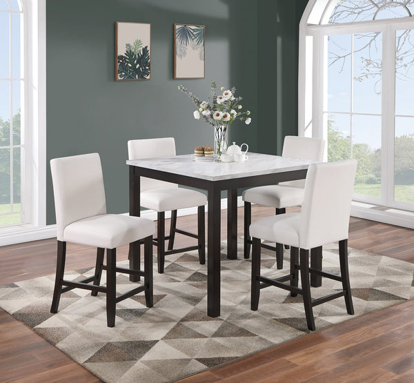 English Elm Modern 5pc Counter Height Dining Set with Faux Marble Top & White Faux Leather Chairs, 40" Square B011P184983